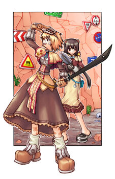 2000s_(style) 2girls acolyte_(ragnarok_online) adjusting_clothes adjusting_headwear animal_ears bad_id bandaid bandaid_on_leg black_footwear blonde_hair brown_capelet brown_dress brown_eyes brown_footwear brown_gloves brown_hair brown_shirt capelet chest_guard closed_mouth commentary_request dated_commentary dress fake_animal_ears full_body gauze gauze_on_cheek gloves holding holding_mace holding_sword holding_weapon korean_commentary korean_text long_hair long_sleeves looking_to_the_side low_ponytail mace monkey_ears monster_gogo multiple_girls official_art open_mouth ponytail ragnarok_online road_sign shirt shoes short_hair sign skirt skull smile socks spiked_hair stop_sign sword swordsman_(ragnarok_online) visor_(armor) weapon white_skirt white_socks
