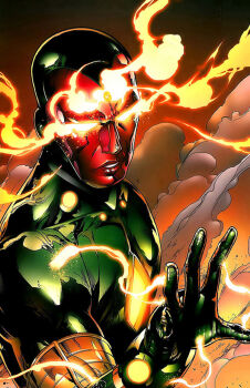 1boy avengers_(series) bald brown_background colored_skin commentary covered_collarbone english_commentary forehead_jewel gloves glowing glowing_eyes gradient_background green_gloves jim_cheung male_focus marvel metal_skin muscular muscular_male no_pupils official_art orange_eyes red_background red_skin robot smoke solo superhero_costume third-party_source upper_body vision_(marvel) western_comics_(style)