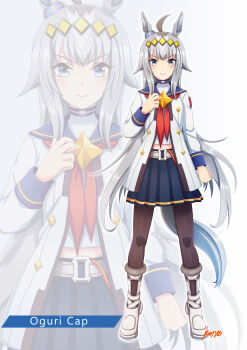 Rule 34 | 1girl, absurdres, ahoge, animal ears, black pantyhose, blue eyes, blue sailor collar, blue skirt, blush, boots, brooch, character name, closed mouth, commentary request, ear ornament, full body, grey hair, grey tail, hair between eyes, hair ornament, hairband, highres, horse ears, horse girl, horse tail, jacket, jewelry, konsu (konsu1182da), long hair, long sleeves, midriff peek, multicolored hair, neckerchief, oguri cap (starlight beat) (umamusume), oguri cap (umamusume), pantyhose, pleated skirt, red neckerchief, sailor collar, shirt, simple background, skirt, smile, solo, star brooch, tail, umamusume, white background, white boots, white jacket, white shirt, zoom layer