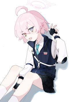Rule 34 | 1girl, absurdres, ahoge, between legs, black gloves, black skirt, blue archive, blue eyes, blue necktie, blush, bulletproof vest, collared shirt, commentary request, eyes visible through hair, feet out of frame, film grain, fingerless gloves, frown, gloves, hair between eyes, halo, hand between legs, hand up, heterochromia, highres, hoshino (blue archive), hoshino (first year) (blue archive), huge ahoge, kisaka, knees up, long sleeves, miniskirt, necktie, official alternate costume, official alternate hair length, official alternate hairstyle, open mouth, pink hair, pink halo, plaid clothes, plaid skirt, pleated skirt, school uniform, shadow, shirt, short hair, simple background, sitting, skirt, socks, solo, tsurime, v-shaped eyebrows, white background, white shirt, white socks, yellow eyes