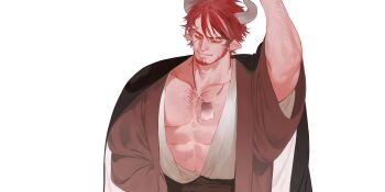1boy abs absurdres animal_ears arknights bara beard black_kimono chinstrap_beard closed_eyes commentary cow_boy cow_ears cow_horns dog_tags eyelashes facial_hair hashtag-only_commentary highres horns humus_(arknights) japanese_clothes karkenshark kimono large_pectorals male_focus mature_male multicolored_hair muscular muscular_male open_clothes open_shirt pectoral_cleavage pectorals red_hair short_hair smile solo sparse_arm_hair sparse_chest_hair sparse_navel_hair standing streaked_hair thick_eyebrows upper_body