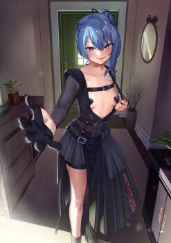 1girl absurdres areola_slip black_boots black_gloves black_shirt black_shorts black_skirt blue_eyes blue_hair boots breasts chest_harness commentary double-parted_bangs eredhen gloves hair_between_eyes hair_ribbon half_gloves harness heart_pasties high_heel_boots high_heels highres hololive hoshimachi_suisei hoshimachi_suisei_(shout_in_crisis) indoors large_areolae layered_skirt long_hair looking_at_viewer no_bra official_alternate_costume official_alternate_hairstyle open_clothes open_shirt overskirt pasties pleated_skirt ponytail reaching reaching_towards_viewer ribbon see-through_clothes see-through_sleeves shirt shorts sidelocks single_glove skirt small_breasts solo standing star_(symbol) star_in_eye symbol-only_commentary symbol_in_eye virtual_youtuber