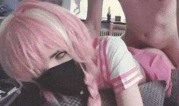2boys anal animated animated_gif ass ass_from_front astolfo_(fate) astolfo_(fate)_(cosplay) black_face_mask black_facemask black_mask broccolibutts cosplay face_mask fate_(series) indoors looking_at_viewer mask multiple_boys pink_hair pink_skirt real_life sex sex_from_behind skirt yaoi