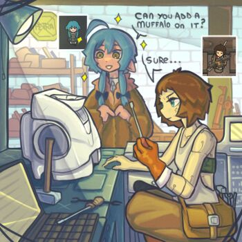 2girls anger_vein annoyed antenna_hair armor bag blue_eyes blue_hair breastplate brick_wall brown_hair computer english_text fonzawa game_screenshot_inset hair_ribbon hammer holding holding_screwdriver lamp laptop long_hair medium_hair multiple_girls parka pointy_ears power_armor prosthesis prosthetic_arm ribbon rimworld satchel screwdriver shelf smile sparkle sweat tank_top tool_belt white_tank_top workshop yellow_eyes