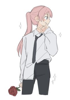 Rule 34 | 1girl, bang dream!, bang dream! it's mygo!!!!!, black necktie, black pants, blush, chihaya anon, clenched teeth, commentary, flower, grey eyes, highres, holding, holding flower, jenjen, long hair, necktie, pants, pink hair, ponytail, red flower, red rose, rose, shirt, shirt partially tucked in, simple background, solo, sparkle, teeth, untranslatable commentary, white background, white shirt