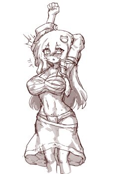 Rule 34 | 1girl, armpits, blush, breasts, chest sarashi, cleavage, clenched hand, clothes pull, commentary, detached sleeves, frog hair ornament, greyscale, hair ornament, highres, kochiya sanae, korean commentary, long hair, looking at viewer, monochrome, navel, rampa93, sarashi, skirt, skirt pull, snake hair ornament, solo, stomach, stretching, touhou, very long hair