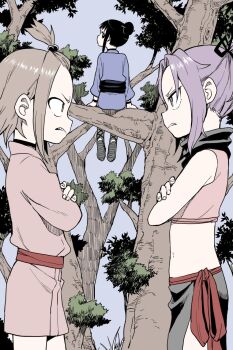 3girls beads black_hair brown_hair clenched_teeth crossed_arms eye_contact faceoff forehead hair_beads hair_bun hair_ornament hair_stick highres housenka_(kunoichi_tsubaki_no_mune_no_uchi) in_tree japanese_clothes kimono kunoichi_tsubaki_no_mune_no_uchi looking_at_another looking_back mokuren_(kunoichi_tsubaki_no_mune_no_uchi) multiple_girls nape navel ninja obi parted_bangs pink_kimono ponytail profile purple_hair red_sash sash sazanka_(kunoichi_tsubaki_no_mune_no_uchi) short_kimono sidelocks single_hair_bun sitting sitting_in_tree teeth tree v-shaped_eyebrows yamamoto_souichirou