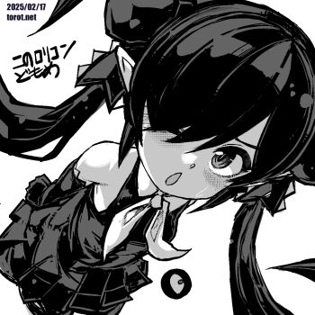 1girl ;o backbeako_(torotei) backbeard blush breasts chestnut_mouth commentary dated dated_commentary dress dutch_angle elbow_gloves gegege_no_kitarou gloves greyscale hair_over_one_eye hair_ribbon kono_lolicon_domome long_hair looking_at_viewer monochrome neckerchief one_eye_closed open_mouth original paid_reward_available pointy_ears ribbon simple_background sleeveless sleeveless_dress small_breasts solo sweatdrop thighhighs torotei translated twintails very_long_hair watermark web_address