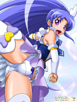 10s 1girl :o arm_warmers cure_fortune female_focus happinesscharge_precure! hikawa_iona kicking leg_up long_hair magical_girl onoe open_mouth panties pantyshot precure purple_eyes purple_hair purple_skirt skirt solo thighhighs underwear upskirt watermark web_address white_panties white_thighhighs