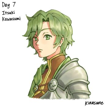 Rule 34 | 1boy, alternate hair color, armor, artist name, brown tunic, cape, character name, collared tunic, commentary, cropped torso, english commentary, english text, frown, gold trim, green cape, green eyes, green hair, grey armor, hair between eyes, highres, kawasumi itsuki, kinasune, looking at viewer, male focus, messy hair, muneate, pauldrons, portrait, short hair, shoulder armor, sidelocks, signature, simple background, single pauldron, solo, tate no yuusha no nariagari, tunic, turtleneck tunic, white background