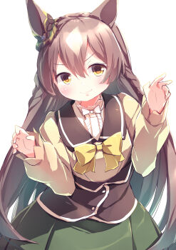 Rule 34 | 1girl, absurdres, animal ears, blush, bow, braid, breasts, brown eyes, brown hair, brown sailor collar, brown vest, closed mouth, commentary request, double-parted bangs, ear ornament, green skirt, hair between eyes, highres, horse ears, horse girl, kanzakietc, long hair, long sleeves, looking at viewer, multicolored hair, sailor collar, satono diamond (umamusume), shirt, simple background, skirt, smile, solo, streaked hair, umamusume, very long hair, vest, white background, white shirt, yellow bow, yellow shirt