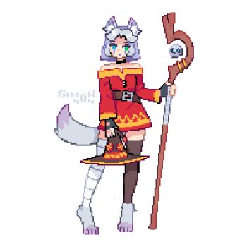 Rule 34 | 1girl, animal ear fluff, animal ears, animal feet, artist name, bandaged leg, bandages, bare shoulders, belt, black choker, black gloves, black thighhighs, blue eyes, chocha (sim0n404), choker, commentary, cosplay, digitigrade, dress, english commentary, expressionless, facial mark, fingerless gloves, fox ears, fox girl, fox tail, full body, gloves, green eyes, grey hair, hat, heterochromia, highres, holding, holding staff, holding unworn clothes, holding unworn hat, kono subarashii sekai ni shukufuku wo!, long sleeves, looking at viewer, megumin, megumin (cosplay), off-shoulder dress, off shoulder, original, pixel art, red dress, short dress, short hair, sim0n404, simple background, single thighhigh, skull, solo, staff, tail, thighhighs, unworn hat, unworn headwear, white background, witch hat, zettai ryouiki