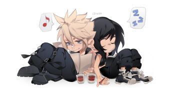 Rule 34 | 1boy, 1girl, 4k1030, absurdres, back-to-back, bandaid, bandaid on face, bandaid on nose, bare shoulders, black hair, black pants, black shirt, black shorts, black vest, blonde hair, blue eyes, book, closed eyes, closed mouth, cloud strife, commentary, cup, english commentary, final fantasy, final fantasy vii, final fantasy vii: advent children, full body, highres, holding, holding pen, long hair, midriff peek, musical note, open book, pants, pen, shirt, short hair, shorts, sitting, sleeping, sleeveless, sleeveless shirt, smile, spiked hair, spoken musical note, spoken zzz, tifa lockhart, twitter username, vest, zzz