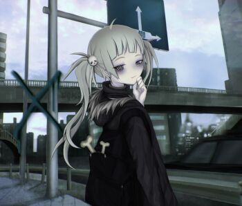1girl backpack bag bags_under_eyes bone bridge city colored_skin fur_hood grey_eyes grey_hair grey_skin hair_ornament looking_at_viewer looking_back ompf original pale_skin skull_hair_ornament solo twintails