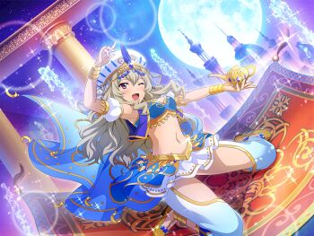 1girl aladdin_(arabian_nights) aladdin_(arabian_nights)_(cosplay) arabian_clothes arabian_nights armpits blue_skirt bracelet breasts brown_shoes cosplay dutch_angle full_moon game_cg grey_hair hat holding_lamp jewelry long_hair looking_at_viewer magic_carpet medium_breasts middle_eastern_architecture moon multicolored_skirt navel night official_art oil_lamp one_eye_closed pants purple_eyes saijou_claudine shoes shoujo_kageki_revue_starlight shoujo_kageki_revue_starlight_-re_live- skirt solo stomach wavy_hair white_hat white_pants white_skirt