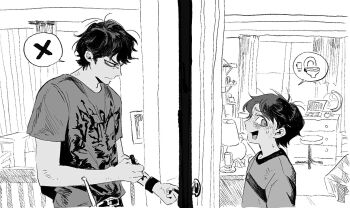 2boys :d angry belt belt_buckle blush brothers buckle chair chest_of_drawers curtains desk_lamp diary_of_a_wimpy_kid door doorknob drumsticks forehead from_side frown furrowed_brow glaring greg_heffley greyscale hamusitas hatching_(texture) have_to_pee height_difference highres holding holding_marker indoors lamp linear_hatching looking_back male_focus marker messy_hair monochrome multiple_boys open_mouth parted_bangs picture_frame print_shirt profile railing raised_inner_eyebrows rodrick_heffley scene_reference shelf shirt short_hair short_sleeves siblings sideburns smile speech_bubble split_screen spoken_object spoken_symbol spoken_x sweat swivel_chair t-shirt toilet toilet_paper upper_body v-shaped_eyebrows window wristband