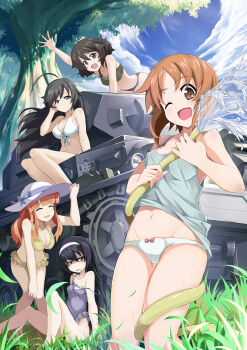 >:d 10s 5girls :d absurdres ahoge akiyama_yukari all_fours alternate_costume arm_support bare_arms bare_shoulders bikini bikini_skirt black_eyes black_hair blunt_bangs blush breasts brown_eyes brown_hair cleavage cloud cloudy_sky collarbone covered_erect_nipples day frills from_below girls_und_panzer grass green_bikini groin hairband hand_on_headwear hat highres huge_ahoge isuzu_hana knees_together_feet_apart large_breasts leaning_forward light_smile long_hair looking_at_viewer medium_breasts messy_hair midriff military military_vehicle motor_vehicle multiple_girls navel nishizumi_miho no_panties one-piece_swimsuit one_eye_closed open_mouth orange_hair outdoors panties panzer_iv panzer_iv purple_eyes reizei_mako short_hair sitting sky small_breasts smile standing strap_slip sun_hat swimsuit takebe_saori tank tank_top thighs tree under_tree underwear v-shaped_eyebrows white_panties yellow_eyes zelitto