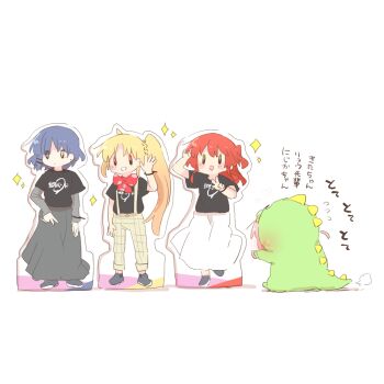 1girl black_shirt blonde_hair blue_hair bocchi_the_rock! braid brown_pants chibi commentary_request dinosaur_costume eyes_visible_through_hair flying_sweatdrops gotoh_hitori green_eyes grey_shoes grey_skirt hair_ornament hair_over_one_eye hairclip ijichi_nijika kita_ikuyo layered_sleeves long_hair long_sleeves one_side_up pants rebecca_(keinelove) red_eyes red_hair shirt shoes short_over_long_sleeves short_sleeves side_ponytail simple_background skirt solo sparkle translation_request very_long_hair white_background yamada_ryo