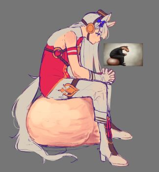 1futa animal_ears blue_bow blunt_bangs boots bow brown_hat commentary dress ear_bow english_commentary from_side futanari gigantic_testicles gloves gold_ship_(umamusume) grey_background grey_boots grey_gloves grey_hair grey_pants hat high_heel_boots high_heels highres horse_ears horse_girl horse_tail huge_testicles interlocked_fingers jess_(p2eocene) long_hair o-ring own_hands_together pants photo-referenced pillbox_hat purple_eyes red_dress red_shirt reference_inset shirt simple_background sitting sleeveless sleeveless_dress sleeveless_shirt solo tail testicles umamusume white_boots white_gloves white_hair