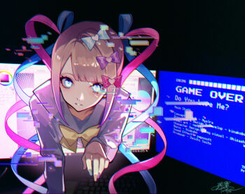 1girl absurdres blonde_hair blue_bow blue_eyes blue_hair blue_nails blue_screen_of_death blue_shirt bow bowtie chouzetsusaikawa_tenshi-chan commentary_request computer_keyboard digital_dissolve gradient_hair hair_bow highres long_hair monitor multicolored_hair multicolored_nails multiple_hair_bows nail_polish needy_girl_overdose parted_lips pink_bow pink_hair purple_bow purple_eyes purple_nails quad_tails shendi_2021 shirt signature solo very_long_hair yellow_bow yellow_bowtie yellow_nails