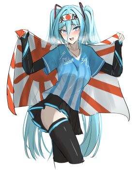 1girl absurdres aqua_hair arms_up black_skirt blue_eyes character_name collarbone commentary_request cowboy_shot flag hair_between_eyes hairband hana_hebi hatsune_miku highres holding holding_flag japanese_flag long_hair long_sleeves looking_at_viewer miniskirt pleated_skirt rising_sun_flag simple_background skirt solo sunburst thighhighs thighs undershirt upper_body very_long_hair vocaloid white_background zettai_ryouiki