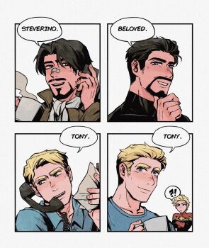 Rule 34 | !?, 1girl, 2boys, ascot, avengers (series), bandaid, bandaid on face, bandaid on nose, black bodysuit, black hair, blonde hair, blue eyes, blue shirt, blush, bodysuit, border, brown jacket, buttons, captain marvel, carol danvers, cellphone, closed mouth, collarbone, collared shirt, crossed arms, cup, english text, facial hair, fingernails, hand on own chin, hand up, highres, holding, holding cup, holding paper, holding phone, jacket, looking at animal, looking at another, looking at object, looking at viewer, marvel, multicolored bodysuit, multiple boys, multiple views, open mouth, paper, phone, red bodysuit, shirt, short hair, simple background, smartphone, smile, speech bubble, star (symbol), star print, steve rogers, superhero costume, t-shirt, talking on phone, tony stark, two-tone bodysuit, upper body, very short hair, weibo 7899261198, white ascot, white background, white border, white shirt