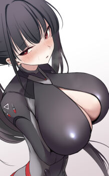 1girl arm_under_breasts black_bodysuit black_hair blue_archive blunt_bangs blush bodysuit breasts bright_pupils cleavage commentary cowboy_shot hair_behind_ear highres impossible_bodysuit impossible_clothes large_breasts latex latex_bodysuit long_hair looking_at_viewer nose_blush official_alternate_costume official_alternate_hairstyle open_bodysuit open_clothes parted_lips partially_unzipped ponytail red_eyes ringed_eyes rio_(armed)_(blue_archive) rio_(blue_archive) sidelocks simple_background skin_tight solo standing sweat tiger_kyohu very_long_hair white_background white_pupils