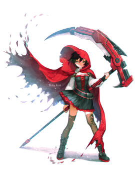 1girl arm_belt belt belt_buckle black_belt black_boots black_dress black_hair boots breasts brooch brown_belt buckle character_name chest_belt cleavage cloak closed_mouth commentary cross-laced_clothes cross-laced_dress determined dress english_commentary floating_cape floating_clothes flower flower_brooch frilled_dress frills green_eyes grey_thighhighs hair_between_eyes highres holding holding_scythe hood hood_up hooded_cloak light_frown light_particles long_sleeves looking_at_viewer made_in_2018 magazine_(weapon) multiple_belts pleated_skirt puffy_long_sleeves puffy_sleeves red_belt red_cloak rose ruby_rose rwby scythe shoe_belt short_dress short_hair simple_background skirt solo standing takenoko_(531) thighhighs torn_cloak torn_clothes torn_thighhighs v-shaped_eyebrows white_background white_flower white_rose white_sleeves