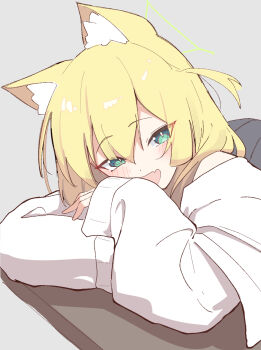 1girl :d alternate_costume animal_ear_fluff animal_ears blonde_hair blue_archive blush bright_pupils commentary dutch_angle eyes_visible_through_hair fang fox_ears fox_girl green_eyes green_halo grey_background hair_between_eyes halo highres kurumi_(blue_archive) long_hair looking_at_viewer one_side_up open_mouth oversized_clothes oversized_shirt ria_(52266382) shirt simple_background skin_fang sleeves_past_wrists slit_pupils smile solo triangle_halo tsurime upper_body white_pupils white_shirt