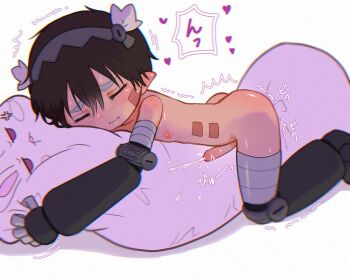 1boy ass blush brown_hair closed_eyes closed_mouth completely_nude cum dry_humping ejaculation erection hugging_object humping made_in_abyss male_focus male_masturbation masturbation mechanical_arms mechanical_legs miniminittm61 nipples nude penis pillow pillow_hug pillow_humping pointy_ears reg_(made_in_abyss) shota solo trembling uncensored white_background