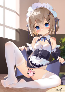 1girl bare_shoulders blue_eyes blush breasts brown_hair censored clothes_lift koharu_(blue_archive) lifting_own_clothes maid maid_headdress no_panties no_shoes novelty_censor original short_hair sitting skirt skirt_lift small_breasts soles spread_legs tearing_up thighhighs thighs white_thighhighs zds