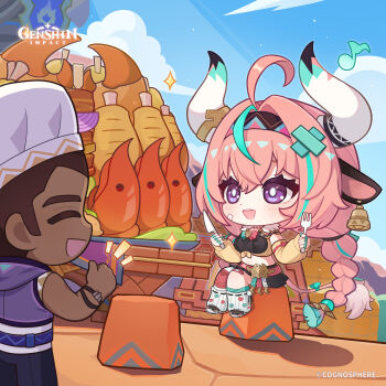 1boy 1girl absurdres ahoge animal_ears bandaid bandaid_on_knee bandaid_on_leg belt black_skirt blue_sky braid breasts bright_pupils chibi closed_eyes commentary copyright_name crossed_bangs dark-skinned_male dark_skin day detached_sleeves dot_nose ear_bell english_commentary food fork genshin_impact gradient_hair hair_between_eyes hair_ornament hairband hands_up hat heart highres holding holding_fork holding_knife horn_ornament horns knife long_hair looking_at_another low_twin_braids medium_breasts multicolored_hair navel official_art open_mouth outdoors pink_hair pleated_skirt purple_eyes sitting skirt sky smile streaked_hair tail teeth thumbs_up twin_braids upper_teeth_only varesa_(genshin_impact) very_long_hair white_hat white_pupils x_hair_ornament