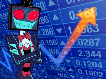 Rule 34 | 1boy, black hat, black jacket, black shirt, bow, bowtie, claws, colored sclera, dox (parad0x art), formal clothes, green eyes, grin, hat, hazbin hotel, hellaverse, highres, jacket, male focus, meme, open clothes, open jacket, red bow, red bowtie, red sclera, red shirt, shirt, smile, solo, stonks (meme), striped clothes, striped shirt, suit, teeth, top hat, vox (hazbin hotel)