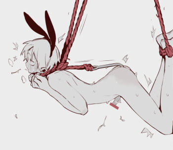 1boy animal_ear_hairband animal_ears bdsm blush bondage bound cum ejaculation fake_animal_ears fucafucamold full-face_blush hairband hook male_focus nipples original penis rabbit_ear_hairband rabbit_ears short_hair solo strangling trembling