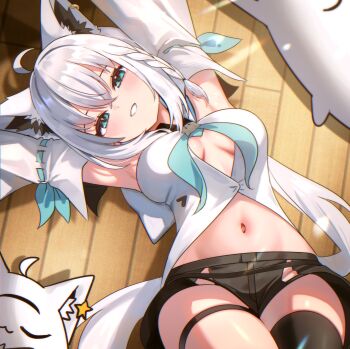 1girl absurdres ahoge animal_ears aqua_eyes armpits ascot black_shorts blue_ascot braid breasts brooch day detached_sleeves feet_out_of_frame fox_ears fox_girl fox_tail from_above highres hololive indoors jewelry kumarang looking_at_viewer lying medium_breasts miteiru_(shirakami_fubuki) on_back on_floor ponytail shirakami_fubuki shirakami_fubuki_(1st_costume) shirt shorts single_thighhigh smile stretching sunlight tail thigh_strap thighhighs virtual_youtuber waking_up white_hair white_shirt