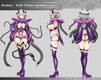 1girl :3 absurdres aqua_eyes ass axsena barcode barcode_tattoo blue_eyes blush boots borrowed_character breasts closed_mouth commentary_request commission corruption dark_persona from_behind full_body gloves grey_background grey_hair half-closed_eyes hand_on_own_hip high_heel_boots high_heels highleg highres horns ishi_no_shita large_breasts looking_at_viewer mask mouth_mask multiple_views navel original paid_reward_available panties pubic_tattoo purple_thighhighs reference_sheet respirator revealing_clothes short_hair sideboob skeb_commission smile standing tail tattoo tentacles thigh_boots thigh_strap thighhighs thong thong_panties turnaround underwear