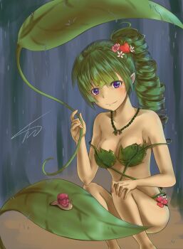 1girl ajidot breasts cleavage closed_mouth collarbone commentary_request dryad_(terraria) feet_out_of_frame flower green_hair hair_flower hair_ornament highres jewelry leaf leaf_bra necklace pointy_ears purple_eyes rain signature smile snail solo squatting terraria