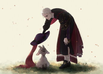 1boy black_robe black_shoes closed_mouth commentary_request full_body goat grey_hair hat highres leaning_forward long_sleeves looking_at_another male_focus outdoors puffy_sleeves purple_hat robe rollo_flamme roro_(haru_roro2) shoes socks standing striped_hat twisted_wonderland white_background white_socks