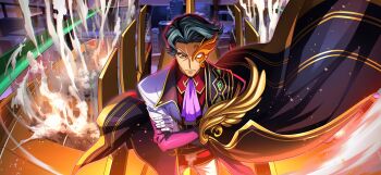 1boy ascot blue_hair closed_mouth code_geass code_geass:_lost_stories commentary_request cyborg dutch_angle f4samurai forehead game_cg gloves hand_on_own_chest hand_on_own_thigh hand_over_heart hand_up highres jacket jeremiah_gottwald looking_afar male_focus official_art open_clothes open_jacket orange_eyes pants purple_ascot purple_sleeves raglan_sleeves red_shirt shirt short_hair simple_background solo transparent_background v-shaped_eyebrows white_gloves white_jacket white_pants