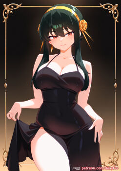1girl artist_name bare_shoulders black_dress black_hair breasts cleavage commentary covered_navel danyfoo dress earrings english_commentary gold_hairband hairband jewelry large_breasts looking_at_viewer red_eyes short_hair_with_long_locks solo spy_x_family watermark web_address yor_briar