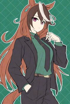 1girl animal_ears belt black_jacket black_necktie black_pants breasts brown_belt brown_hair closed_mouth collared_shirt earrings green_shirt hair_between_eyes hand_in_pocket horse_ears horse_girl horse_tail jacket jewelry long_hair long_sleeves looking_at_viewer mauve multicolored_hair necktie open_clothes open_jacket pants purple_eyes shirt single_earring streaked_hair symboli_rudolf_(umamusume) tail umamusume white_hair