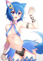 Rule 34 | 1girl, :d, animal ear fluff, animal ears, arm up, armpits, bare shoulders, blue eyes, blue hair, blush, breasts, cat ears, cat girl, cat tail, claw pose, commentary, commission, crescent, crescent hair ornament, english commentary, fang, gradient background, grey background, hair between eyes, hair ornament, hairclip, highres, looking at viewer, navel, open mouth, original, prophosphere, small breasts, smile, solo, standing, tail, white background