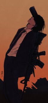Rule 34 | 1boy, assault rifle, black hair, black jacket, black necktie, black pants, chainsaw man, collared shirt, facing up, film grain, formal clothes, gun, gun devil (chainsaw man), handgun, hayakawa aki, highres, jacket, necktie, nenashibito, pants, rifle, ruins, shirt, shirt tucked in, short hair, signature, solo, suit, suit jacket, weapon, white shirt