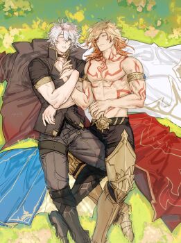 206dih 2boys absurdres antenna_hair arm_tattoo armlet armored_boots black_choker black_pants black_shirt blonde_hair blue_cape boots braid cape chest_tattoo choker closed_eyes commentary drooling english_commentary facial_tattoo gradient_hair highres honkai:_star_rail honkai_(series) jewelry lying male_focus medium_hair multicolored_hair multiple_boys mydei_(honkai:_star_rail) on_back pants parted_bangs phainon_(honkai:_star_rail) red_cape red_hair red_tattoo shirt short_hair short_sleeves side_braid sleeping tattoo unworn_cape white_hair yaoi yellow_eyes