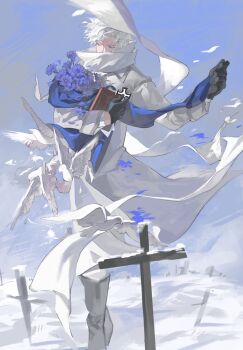 1boy axis_powers_hetalia beak bird bird_wings black_boots black_gloves blue_sky book boots bouquet closed_eyes cloud cloudy_sky coat collared_coat covered_mouth cross day feathered_wings feathers floating_clothes flower flying full_body gloves grave graveyard hands_up highres holding holding_book holding_bouquet iron_cross long_sleeves male_focus outdoors pants pigeon purple_flower rj91026205 russia_(hetalia) scarf short_hair sky snow solo standing white_coat white_hair white_pants white_scarf wings winter