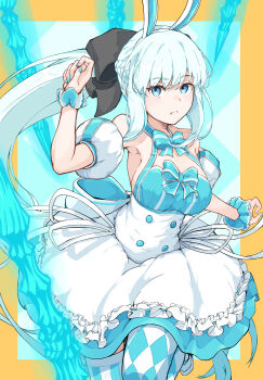 1girl animal_ears argyle_clothes argyle_thighhighs artoria_caster_(fate) artoria_caster_(swimsuit_berserker)_(second_ascension)_(fate) artoria_caster_(swimsuit_berserker)_(second_ascension)_(fate)_(cosplay) artoria_pendragon_(fate) bare_shoulders black_bow blue_dress blue_eyes blue_thighhighs bow braid breasts cleavage commentary_request cosplay dress fake_animal_ears fate/grand_order fate_(series) grey_hair hair_bow hairband highres kamesan231 large_breasts long_hair looking_at_viewer morgan_le_fay_(fate) ponytail puffy_short_sleeves puffy_sleeves rabbit_ears short_sleeves sidelocks skirt solo striped_clothes striped_thighhighs thighhighs thighs twintails very_long_hair white_skirt