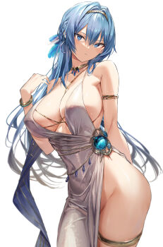1girl absurdres arm_behind_back armlet bare_shoulders blue_eyes blue_hair blurry bracelet breasts commentary_request cowboy_shot dress earrings evening_gown feather_hair_ornament feathers glint goddess_of_victory:_nikke gold gold_bracelet groin hair_intakes hair_ornament hand_up helm_(chandelier)_(nikke) helm_(nikke) highres hiiragi_yuuichi hoop_earrings jewelry large_breasts long_hair looking_at_viewer neck_ring official_alternate_costume parted_lips plunging_neckline side_slit silver_dress simple_background solo spaghetti_strap sparkle strap_gap thighlet tiara very_long_hair white_background white_dress