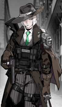 1girl absurdres armor belt bloodborne blurry blurry_background brown_coat brown_gloves bulletproof_vest closed_mouth coat collared_shirt commentary english_commentary english_text fingerless_gloves fromsoftware gloves green_eyes green_necktie gun handgun hat hat_over_one_eye highres holding holding_gun holding_sword holding_weapon lady_maria_of_the_astral_clocktower long_hair long_sleeves necktie one_eye_covered open_clothes open_coat outdoors park_ongjol rifle sheath shirt shoulder_armor solo sword weapon white_hair white_shirt