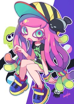 1girl :o baseball_cap black_hat black_shirt blonde_hair blue_eyes blue_shoes bracelet colored_eyelashes commentary_request commission drooling fish full_body green_hair green_skirt hair_ornament hair_scrunchie harmony&#039;s_clownfish_(splatoon) harmony_(splatoon) hat high_tops highres invisible_chair jewelry long_hair looking_at_viewer low-tied_long_hair miniskirt mouth_drool multicolored_hair multicolored_scrunchie multiple_bracelets nanatsuta nintendo open_mouth orange_hair pink_hair pink_pupils purple_hair scrunchie shirt shoes short_sleeves sitting skeb_commission skirt sneakers solo splatoon_(series) splatoon_3 striped_clothes striped_headwear t-shirt tentacle_hair two-tone_headwear very_long_hair yellow_hat