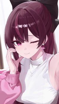 1girl absurdres armpits bare_shoulders bow breasts closed_mouth earrings hair_bow hand_up heart heart_earrings highres jacket jewelry jururu long_hair looking_at_viewer medium_breasts multicolored_hair necklace off_shoulder one_eye_closed pink_jacket purple_eyes purple_hair sei_(0724sei6) selfie shirt sleeveless sleeveless_shirt smile solo streaked_hair upper_body virtual_youtuber waktaverse white_shirt